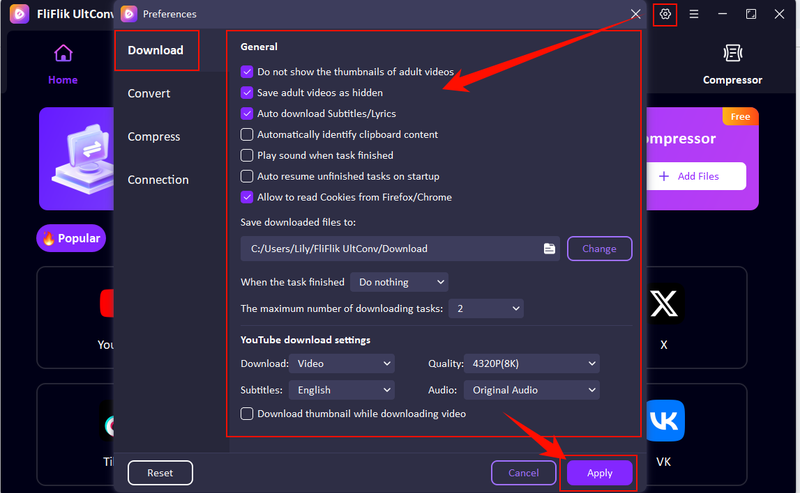 Ultconv Settings Panel Showing Privacy Download and Quality Options