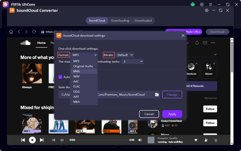 adjust soundcloud download settings in ultconv
