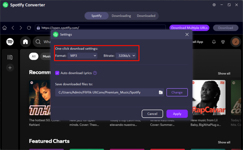 set spotify to mp3 at 320kbps